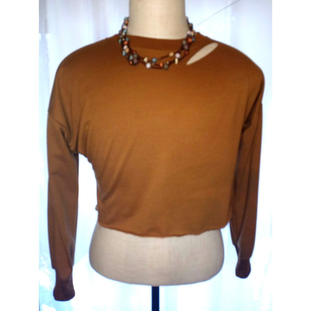 Long Sleeve Crop Tops Distressed Ripped Cut Out Pullover Sweatshirt S